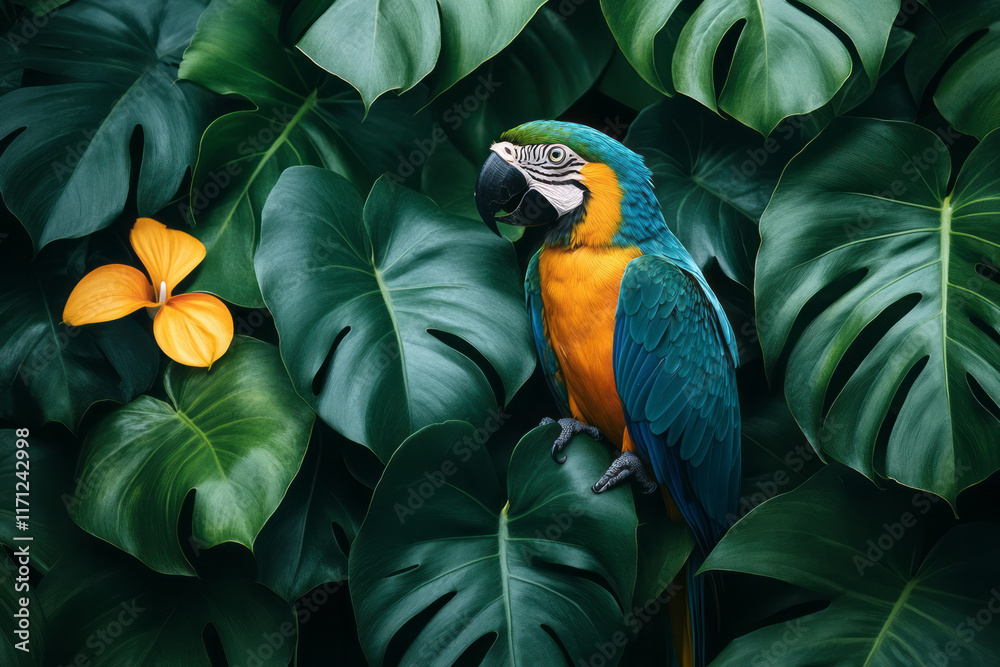Poster green tropical leaves overlapping in a layered composition, creating a fresh natural background with