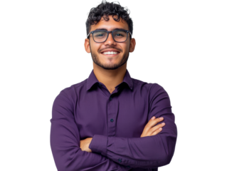 Smiling young man in a purple shirt