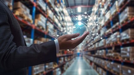 Businessman and global logistics network distribution and transportation, Smart logistics, Innovation future of transportation on large warehouse center .