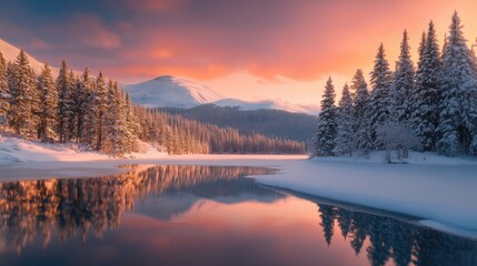 Obraz premium Beautiful majestic landscape with snow covered forest and lake