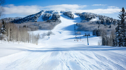 Snowy mountain ski slope, chairlifts, winter landscape, sunny day, travel brochure.