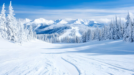 Obraz premium Snowy Mountain Ski Slope, Winter Landscape, Sunlit Tracks, Travel Brochure.