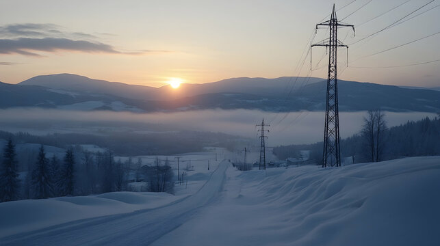 Snowy mountain road sunrise, power lines, winter landscape, travel poster.