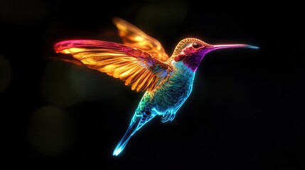 Dazzling Neon Hummingbird in Flight, Luminous Feathers Lighting Up the Night