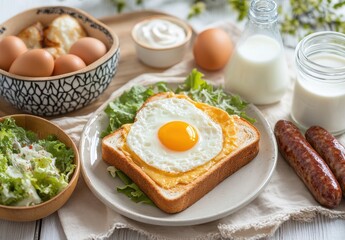 Delicious Breakfast Spread Featuring Fresh Vegetables, Fried Egg on Toast, Sausages, Eggs, Milk, and Yogurt in a Cozy Kitchen Setting