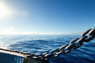 Closeup of a ship's anchor chain against the deep blue ocean maritime scene photography tranquil waters detailed perspective