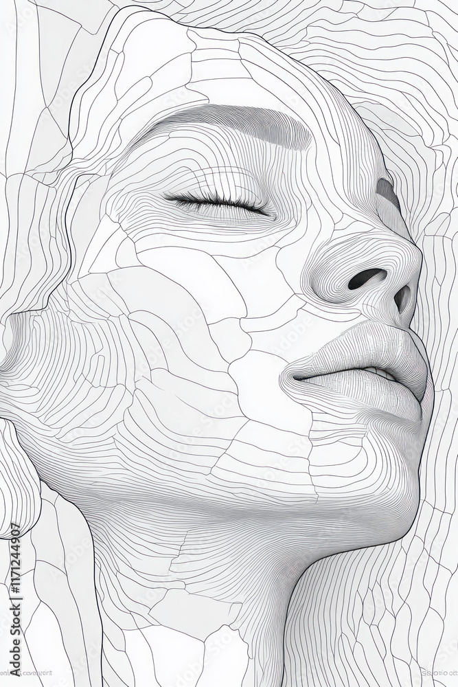 Poster minimal line art illustration of faces intertwined, symbolizing unity and diversity,