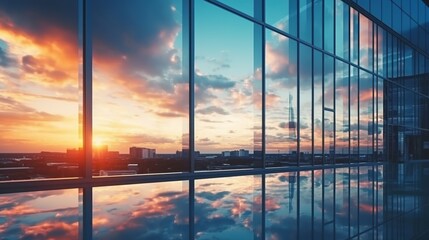 Modern office building or business center. High-rise window buildings made of glass reflect the clouds and the sunlight. empty street outside  wall modernity civilization. growing up business