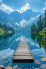Tranquil lake reflection of mountain peaks with a small wooden pier extending into the water,