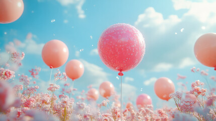 Soft pastel candy-colored balloons floating in the air against a baby blue sky,