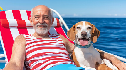 Tranquil Retirement: A cheerful senior man enjoys a relaxing boat trip with his beagle companion. The serene ocean backdrop adds to the peaceful atmosphere.