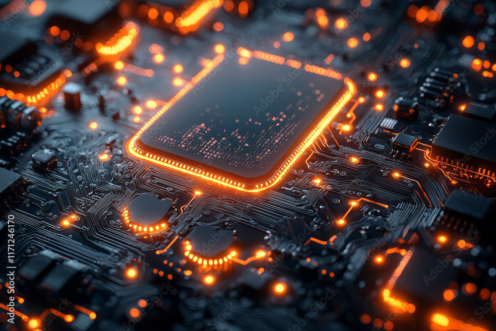 Poster Abstract technology background with circuit board patterns and a glowing futuristic interface,