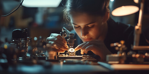 Naklejka premium Focused woman examining small components under a microscope, Concept of precision and scientific work