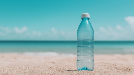 Minimalist Scene of a Single Plastic Bottle on Sandy Beach with Ocean Background