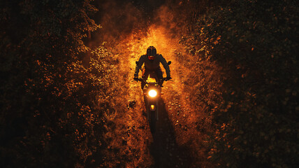 riding a motor during summer in the forest during midnight with a birds eye view 