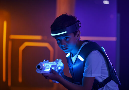 Young boy concentrating and aiming with laser gun playing laser tag game in dark futuristic arena