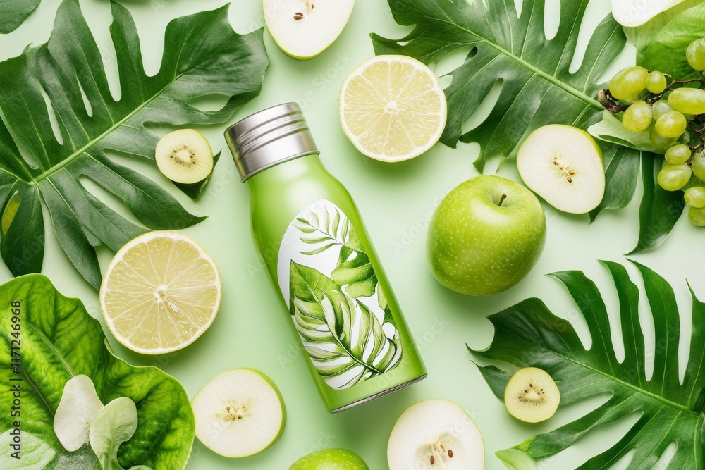Poster a clean, modern design of a green juice bottle with an abstract pattern of leaves and fruits