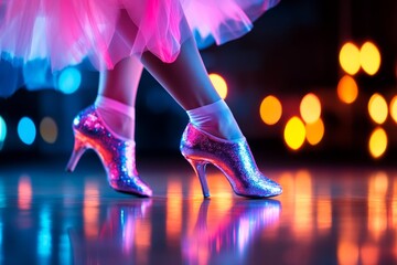 A close-up of a dancer feet in shiny shoes, stepping rhythmically to the beat of jive music on a polished wooden floor