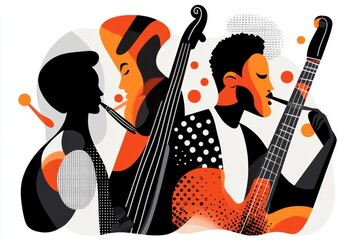 A colorful 2D depiction of a lively jive dance scene, with dancers and musical instruments illustrated against a white backdrop