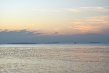 landscape of sea on sunrise at Mae Pim cape beach travel location in Thailand   