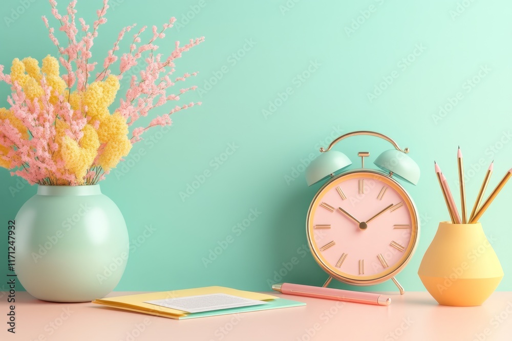 Poster a colorful 3d digital illustration of an interview setup, featuring resumes, pens, and a clock in a 