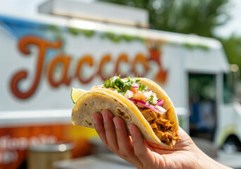 Hand holding a freshly made taco with meat, cilantro, onions, tomatoes, and lime in front of a food truck
