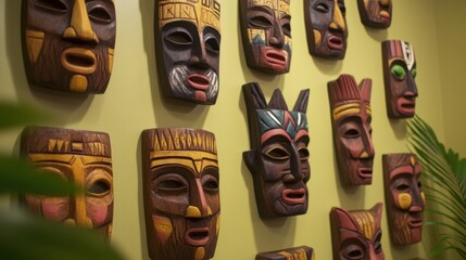 Fototapeta premium Colorful Wooden Masks on Wall in Artistic Interior Design Display