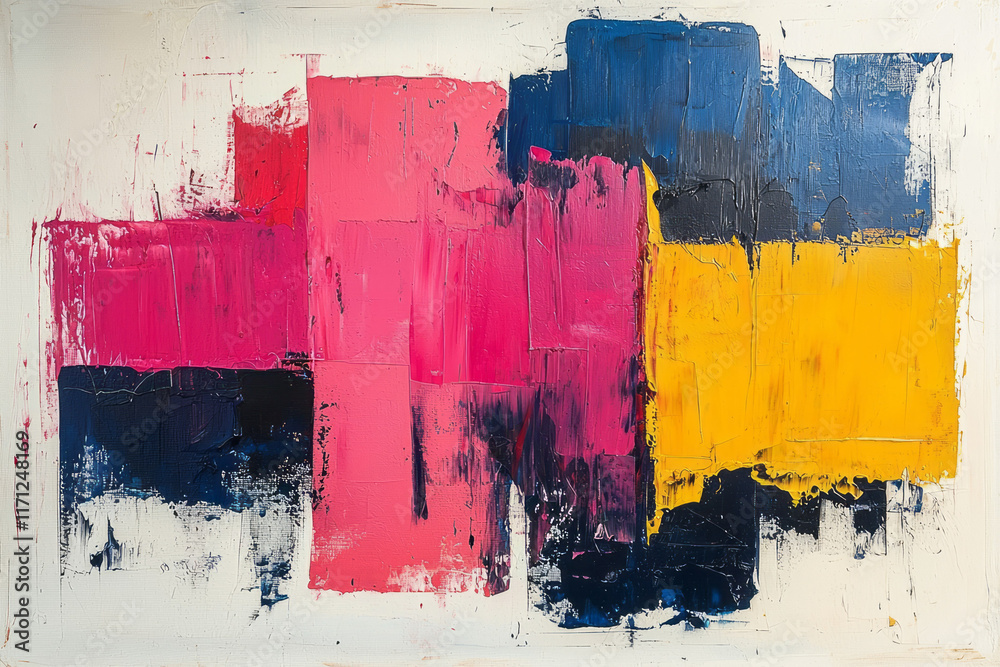 Poster modern abstract painting with bold brushstrokes in contrasting primary colors on a large canvas,