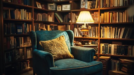 Cozy armchair in a dimly lit library filled with bookshelves and a table lamp.