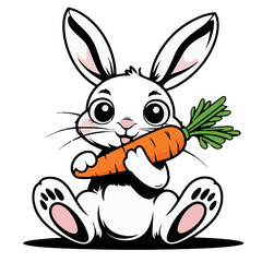A Whimsical Black and White Illustration of a Rabbit Eating Carrot Clip Art Black on a Transparent Background






