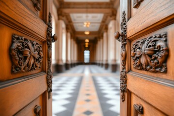 Fototapeta premium A courtroom door slightly ajar, revealing the scales of justice hanging on the wall inside