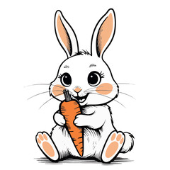 A Whimsical Black and White Illustration of a Rabbit Eating Carrot Clip Art Black on a Transparent Background







