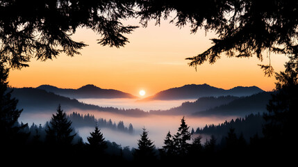Fototapeta premium Sunrise over misty mountain valley, framed by pine trees; idyllic nature scene, perfect for travel brochures.