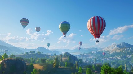 Fototapeta premium A colorful hot air balloon festival with multiple balloons floating in the clear blue sky over a picturesque landscape.