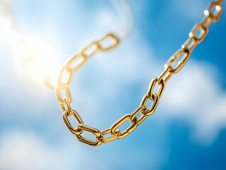 Fototapeta premium Golden chain against blue sky, freedom concept, sunny day, clouds background, website banner