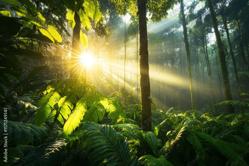 Poster a dense jungle with tall trees, thick underbrush, and sunlight filtering through the canopy, creatin