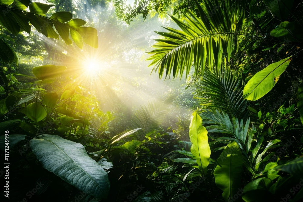 Poster A dense jungle with tall trees, thick underbrush, and sunlight filtering through the canopy, creating a dappled light effect