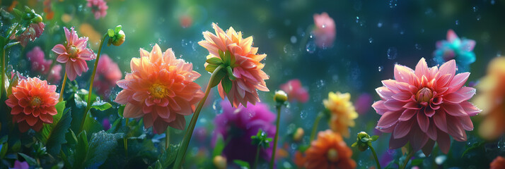 Colorful Dahlia blooms with rain drops