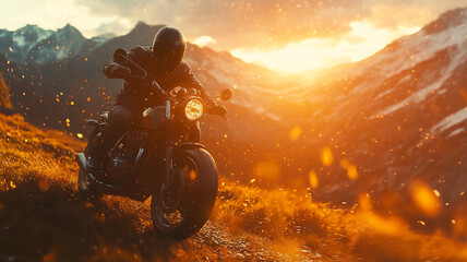 riding a motor during autumn in the mountains during sunset with a profile angle 