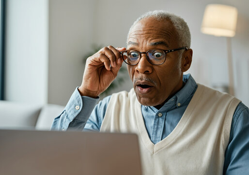 Surprised senior man adjusting eyeglasses and reading unbelievable news on laptop at home