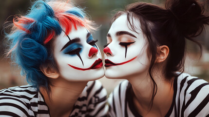Obraz premium Two Young Women in Mime Makeup Sharing a Dramatic Close Moment