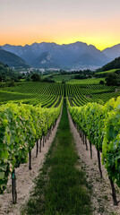 Naklejka premium Sunset Vineyard Rows, Mountain Landscape, Italian Wine Region, Agriculture, Food & Drink Industry.