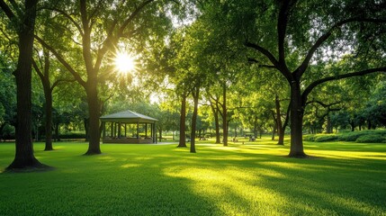 Fototapeta premium Serene Park with Abstract Elements and Gentle Sunlight