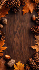 Fall themed background with leaves, pine cones, and acorns with copy space made of wood