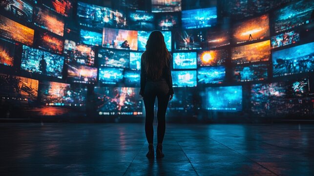 A silhouetted woman stands before a collection of screens illuminated in blue and other hues, evoking a sense of wonder and the infinite possibilities of digital art and media.