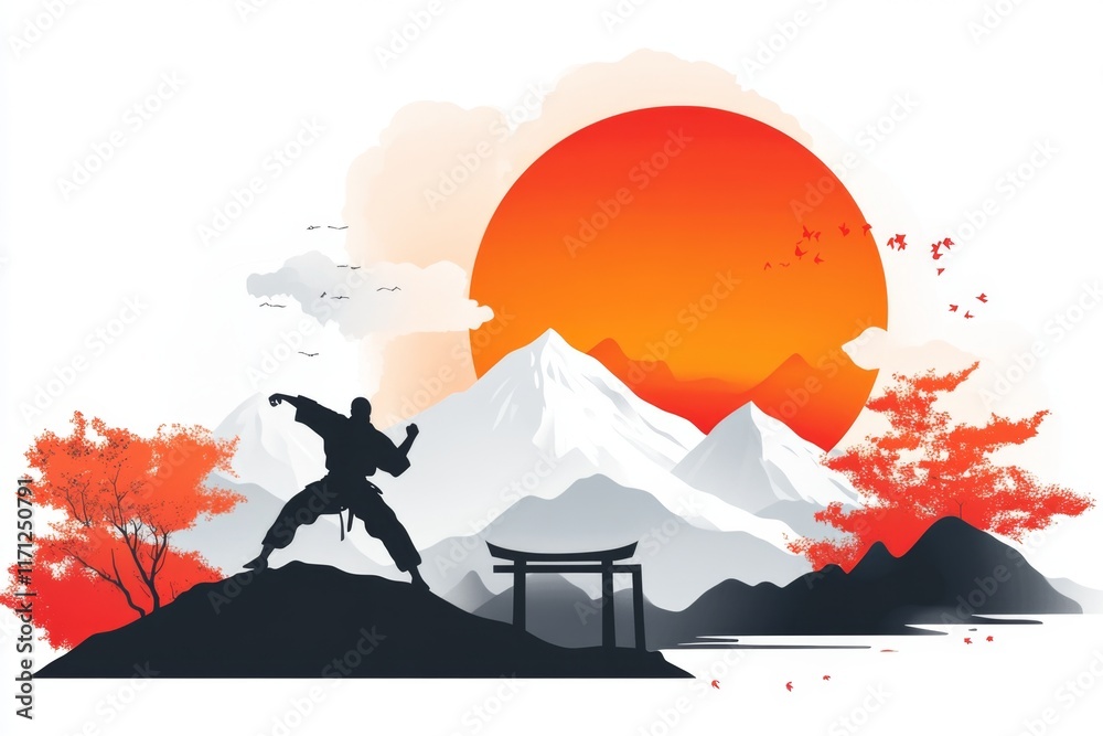 Poster a flat 2d design of a karateka practicing in front of a dojo gate, with vibrant colors and simple sh