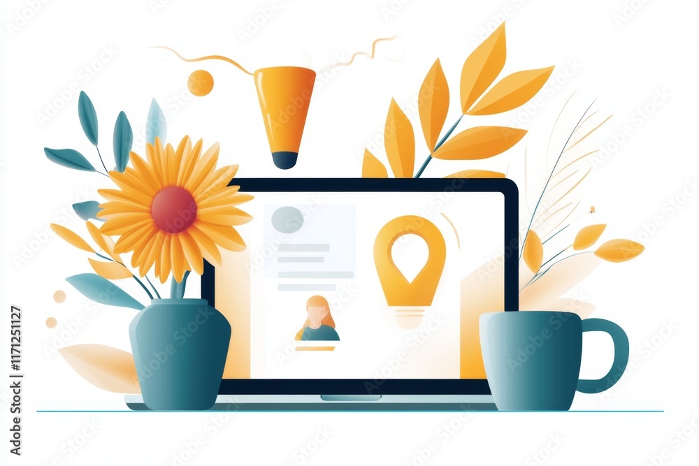 Aufkleber a flat design of a laptop screen with a video call interface, symbolizing a virtual job interview