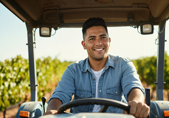 Young latin farmer driving a tractor and smiling in his vineyard