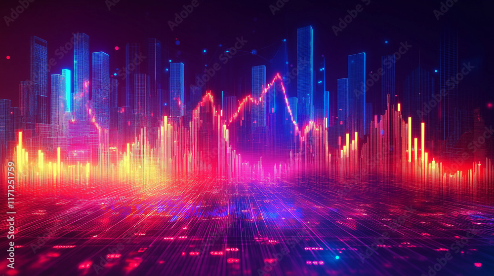 Poster A dynamic financial abstract background with flowing data streams, neon accents, and a holographic effect representing global trade and innovation.