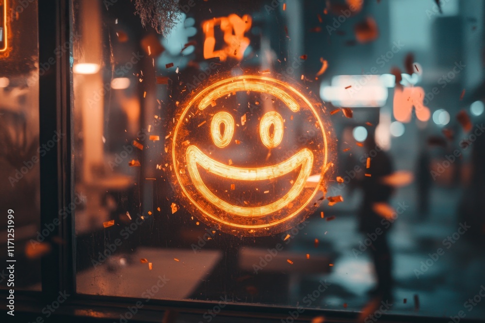Poster a futuristic holographic display of a glowing smiley face, surrounded by floating digital confetti i